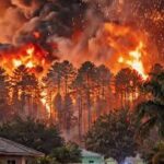 May 4, 2026, in southeast Alachua County, Florida. The blaze is currently threatening structures and has forced significant road closures and evacuations in the area near Gainesville.