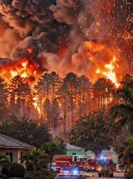 May 4, 2026, in southeast Alachua County, Florida. The blaze is currently threatening structures and has forced significant road closures and evacuations in the area near Gainesville.
