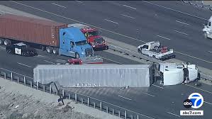 An overturned big rig caused significant traffic delays on southbound Interstate 5 in the Mission Bay area of San Diego early this morning, Thursday, May 7, 2026.